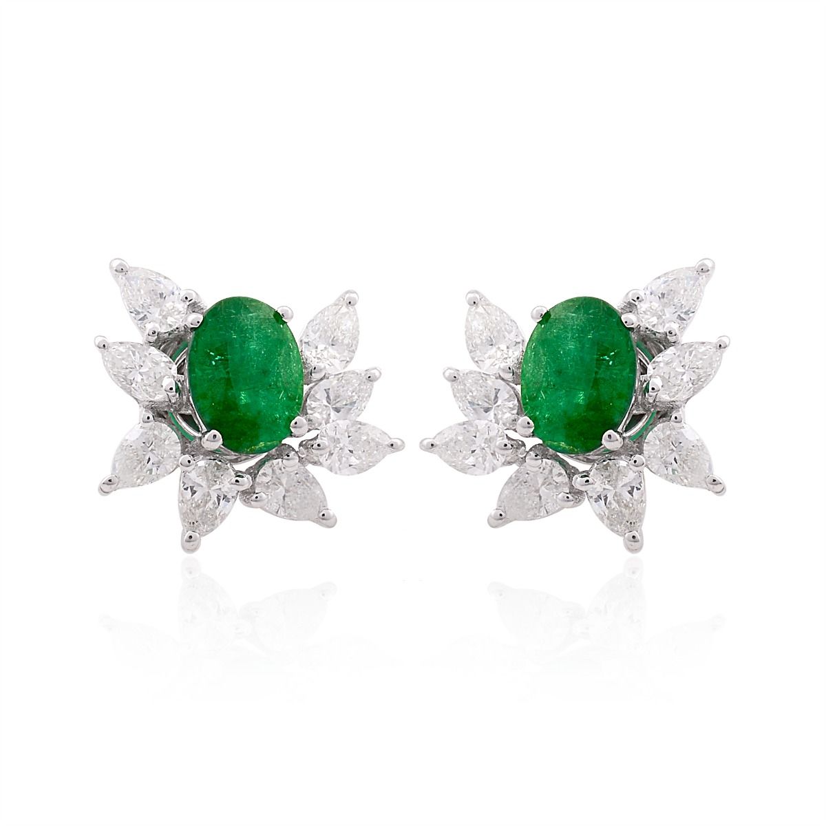 Oval Shaped Emerald Solid 18 Kt White Gold SI Clarity HI Color Pear Shaped Diamond Handmade Stud Earrings