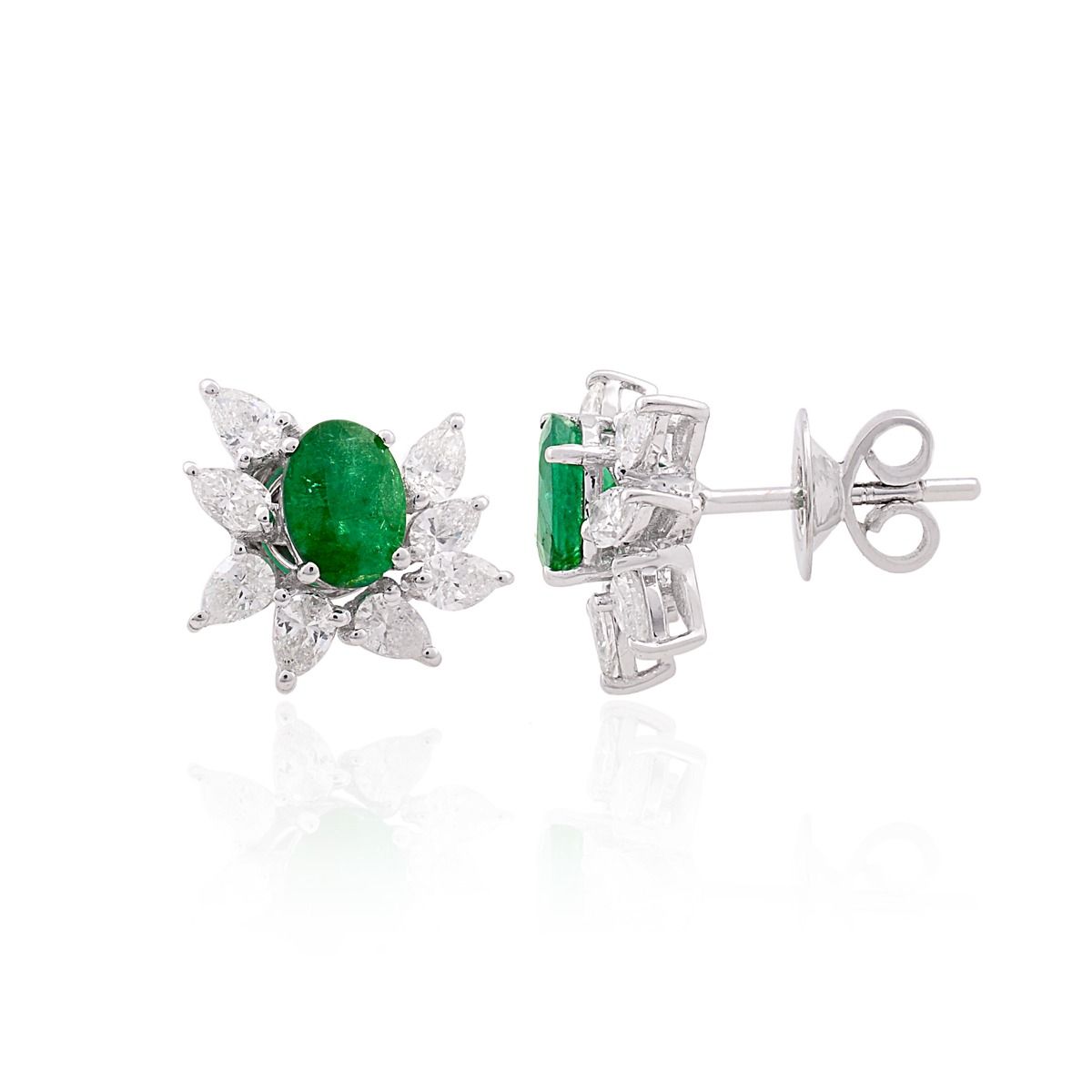 Oval Shaped Emerald Solid 18 Kt White Gold SI Clarity HI Color Pear Shaped Diamond Handmade Stud Earrings