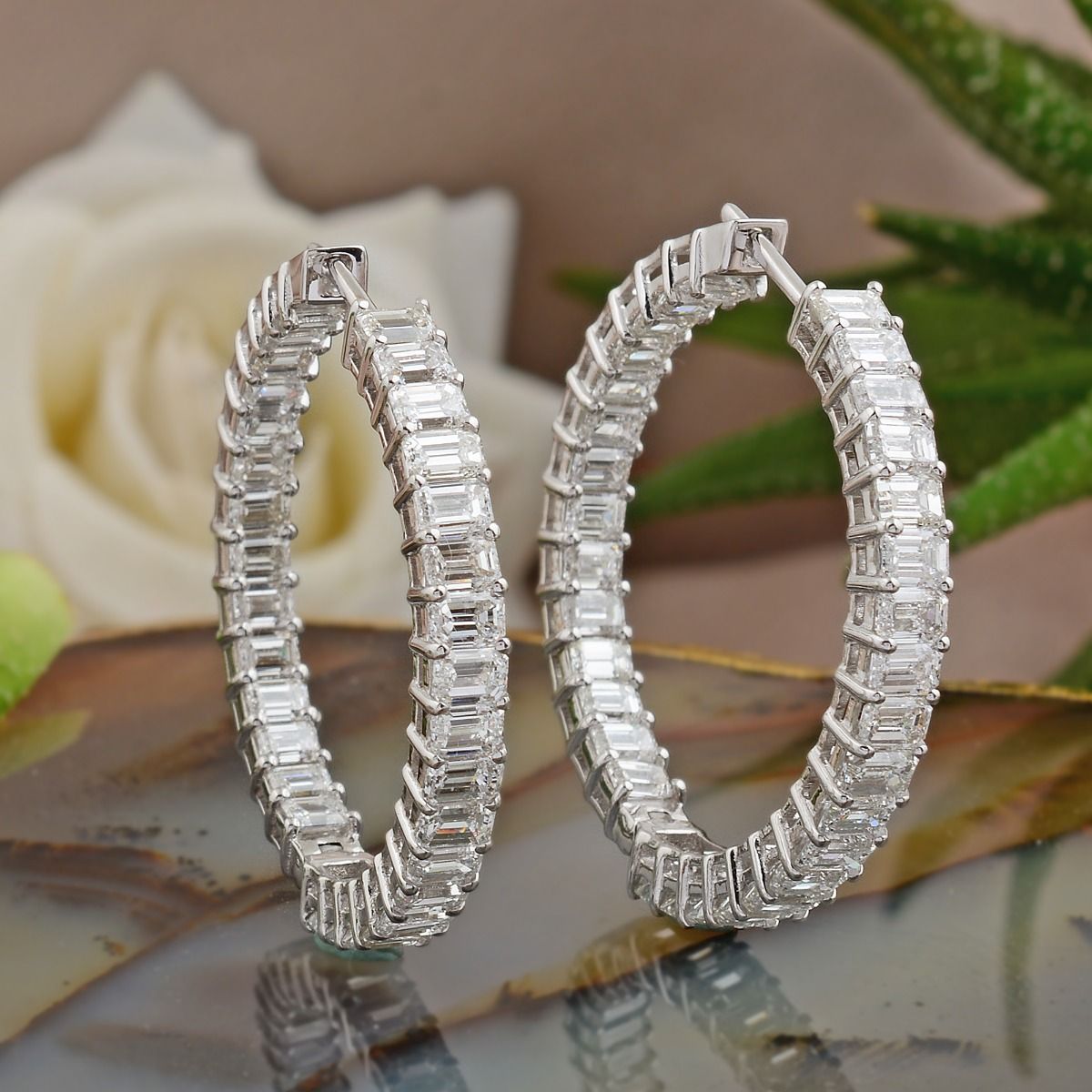 18k White Gold 7.10 TCW SI Clarity HI Color Baguette Diamond Hoop Earrings Jewelry For Women