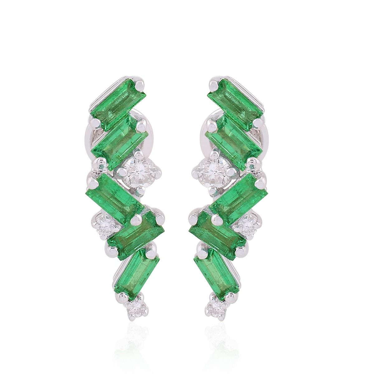 18k White Gold 1.45 SI Clarity HI Color Diamond Baguette Shape Zambian Emerald Gemstone Stud Earrings For Women , Jewelry For Women