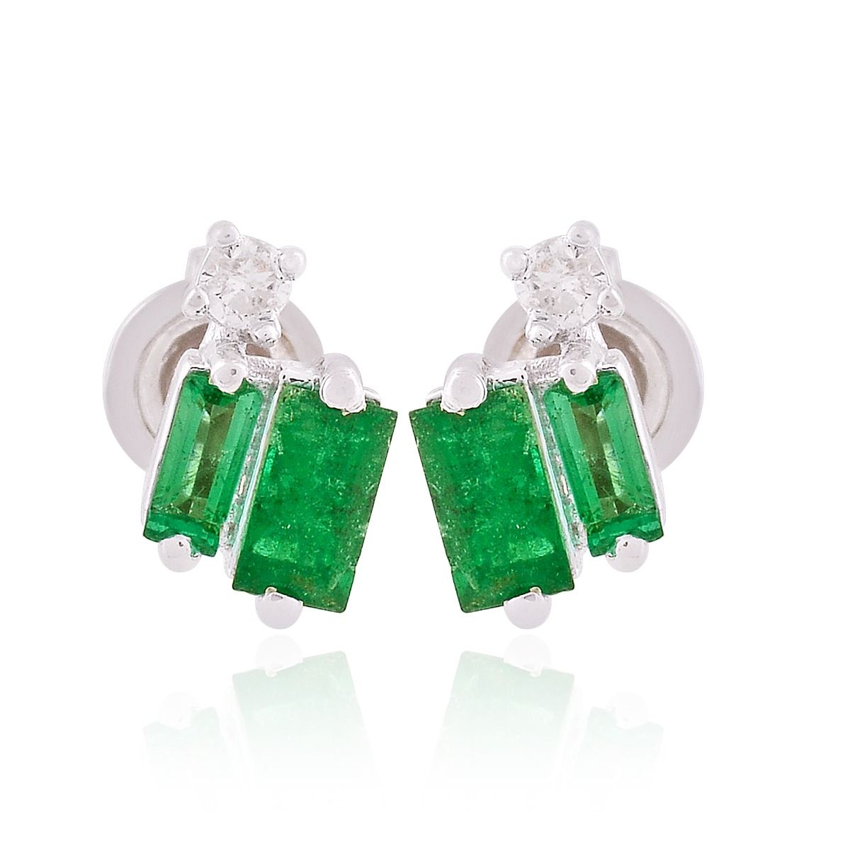 18k White Gold 0.72 TCW SI Clarity HI Color Diamond Baguette Zambian Emerald Gemstone Stud Earrings |Gift For Her| Jewelry For Women |Party Wear Stud Earrings