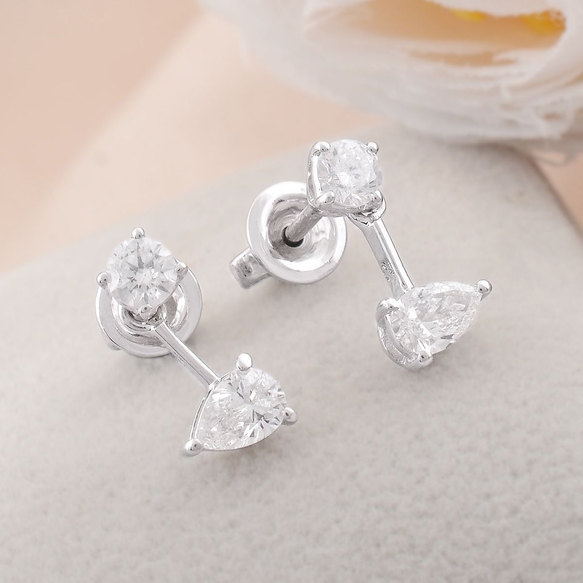 18k White Gold 0.70 TCW SI Clarity HI Color Pear Shape Diamond Small Stud Earring , Pair Of Studs , Gift For Her