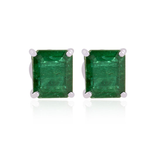 18k White Gold 4.60 SI Clarity HI Color Diamond Zambian Emerald Gemstone Solitaire Stud Earrings , Pair Of Emerald Studs , Jewelry For Women