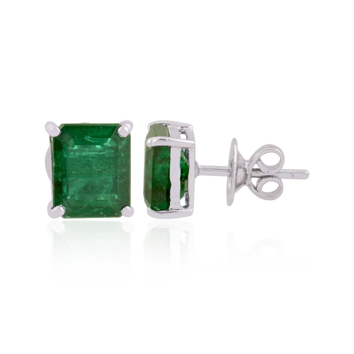 18k White Gold 4.60 SI Clarity HI Color Diamond Zambian Emerald Gemstone Solitaire Stud Earrings , Pair Of Emerald Studs , Jewelry For Women