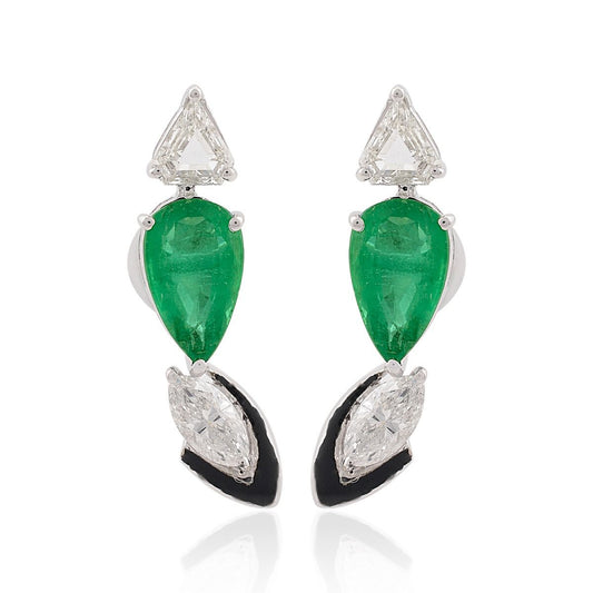 4.17 TCW Si Clarity HI Color Diamond Zambian Emerald Gemstone With Black Enamel Stud Earrings Jewelry For Women