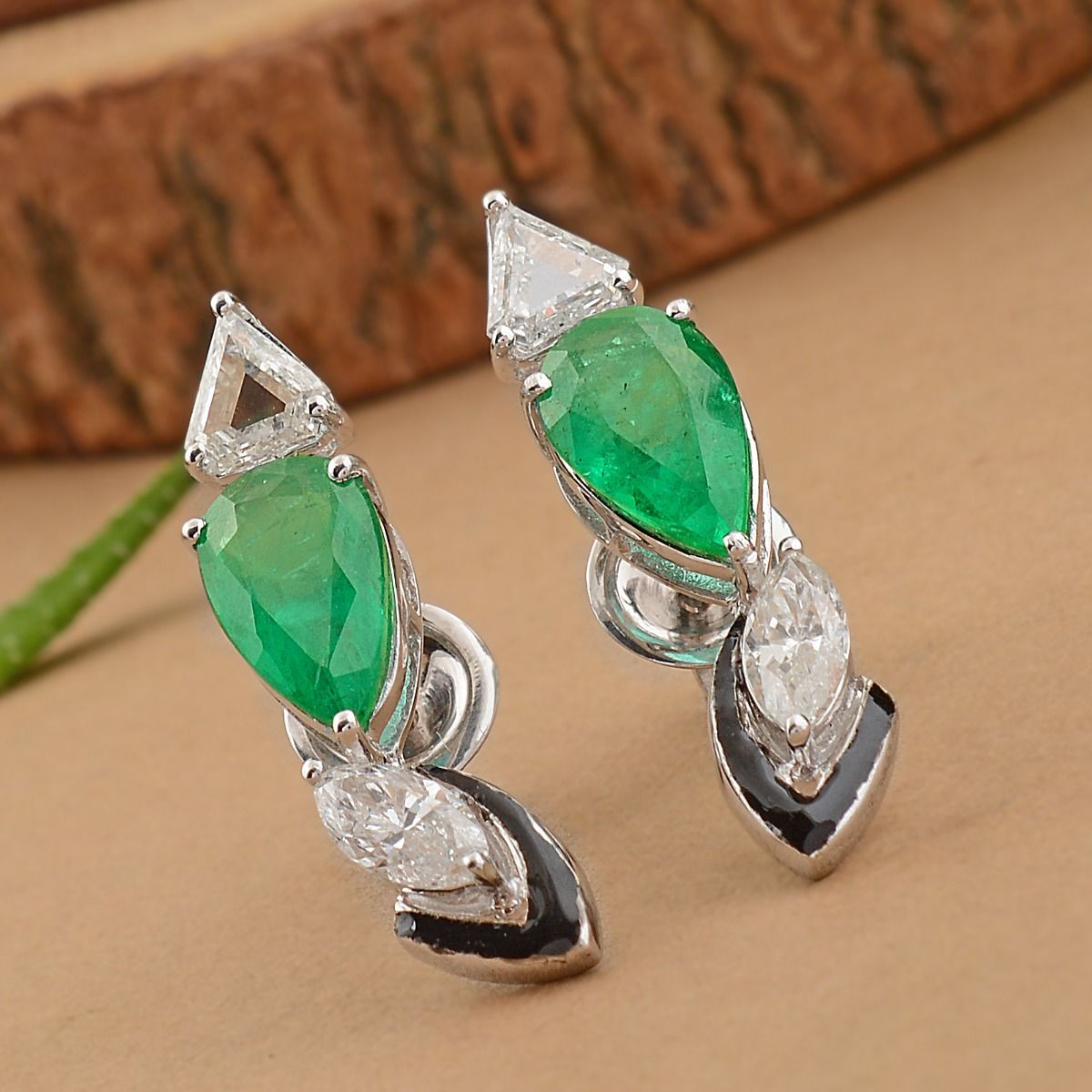 4.17 TCW Si Clarity HI Color Diamond Zambian Emerald Gemstone With Black Enamel Stud Earrings Jewelry For Women