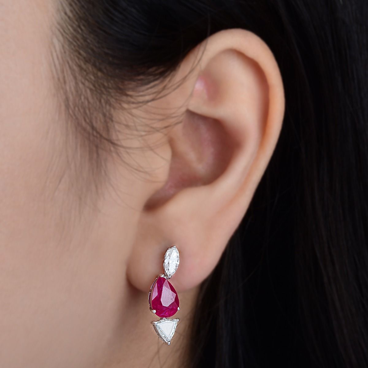 18k White Gold 5.39 TCW SI Clarity HI Color Diamond Ruby Gemstone Stud Earring , Jewelry For Women , Pair Of Stud Earrings