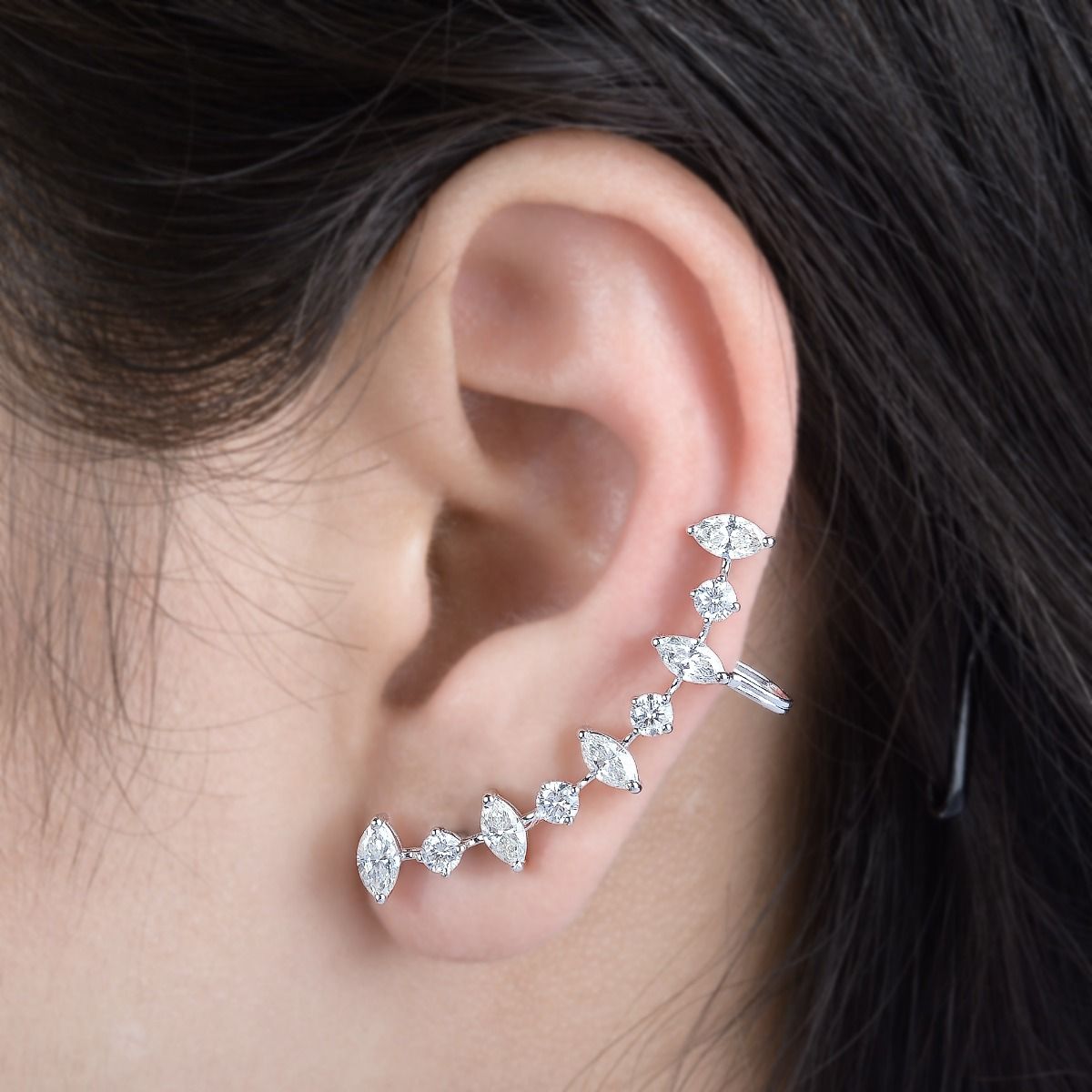 18k White Gold 3.20 TCW SI Clarity HI Color Diamond Ear Climber Earrings , Pair Of Ear Climber , Gift For Her , Gift For Mom