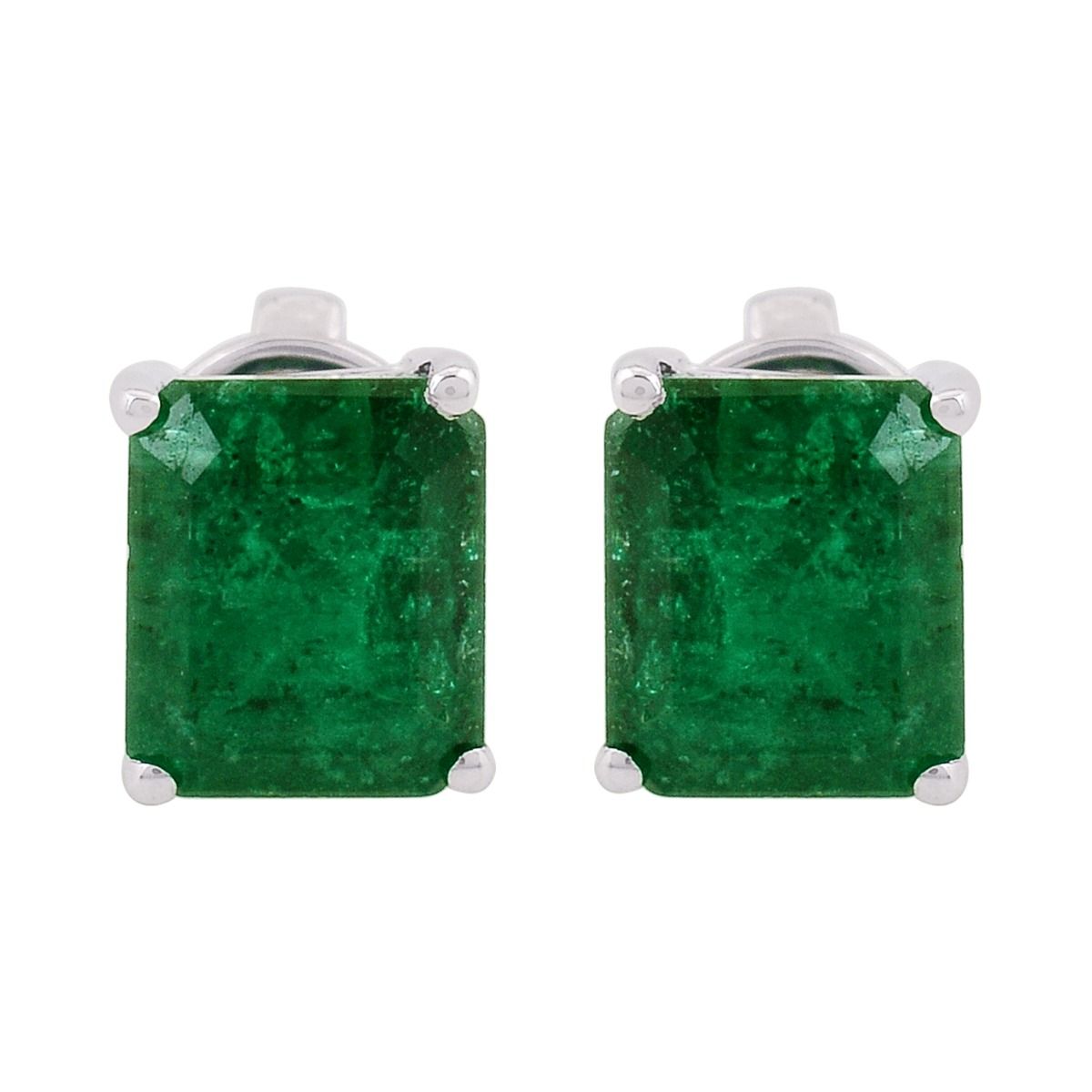 18k White Gold 2.78 TCW SI Clarity HI Color Diamond Zambian Emerald Gemstone Solitaire Stud Earrings , Pair Of Stud Earring s