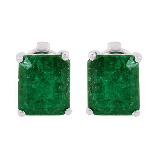 18k White Gold 2.78 TCW SI Clarity HI Color Diamond Zambian Emerald Gemstone Solitaire Stud Earrings , Pair Of Stud Earring s