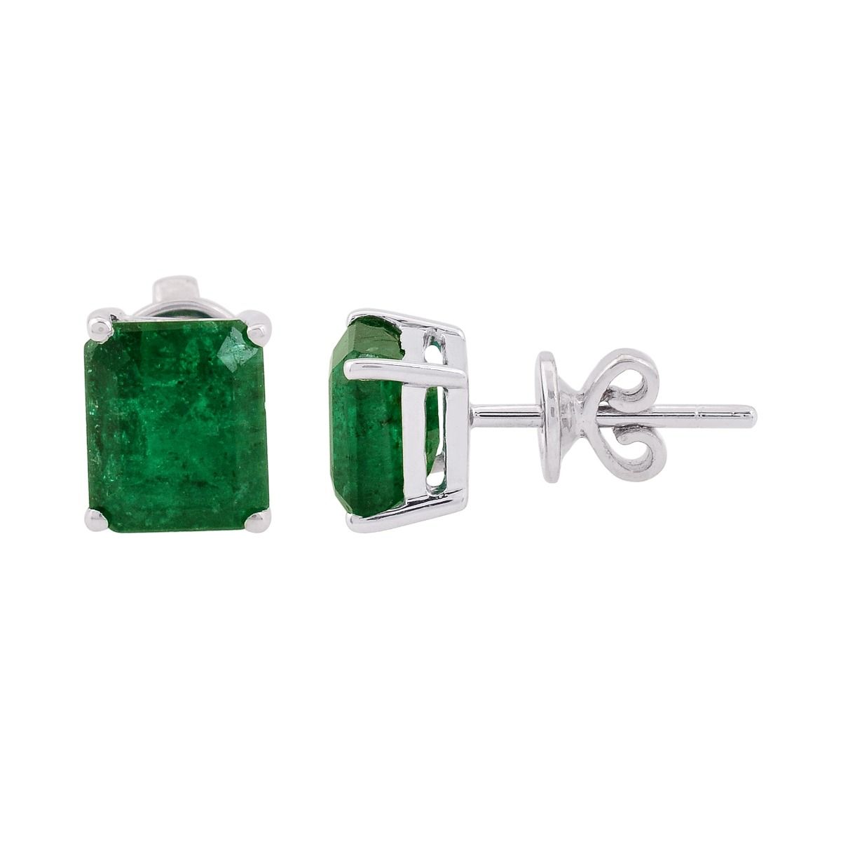 18k White Gold 2.78 TCW SI Clarity HI Color Diamond Zambian Emerald Gemstone Solitaire Stud Earrings , Pair Of Stud Earring s