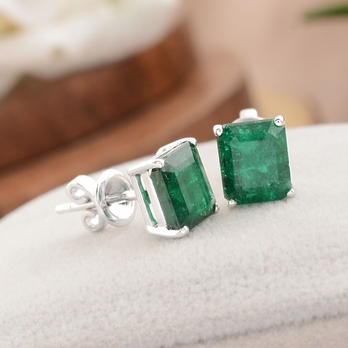 18k White Gold 2.78 TCW SI Clarity HI Color Diamond Zambian Emerald Gemstone Solitaire Stud Earrings , Pair Of Stud Earring s