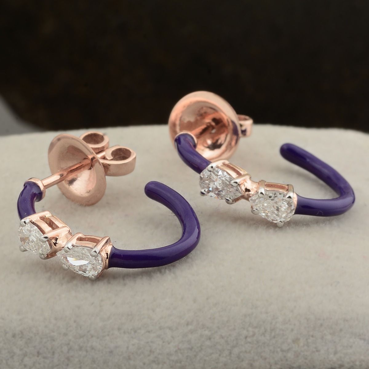 Semi Hoop Earrings 0.56 TCW SI Clarity HI Color Pear Shape Diamond 18k Rose Gold |Purple Enamel Hoops|Colored Hoop |Birthday Gift|Gift For Her |Gift For Mom