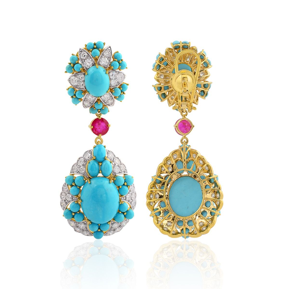 18k Yellow Gold 29.62 TCW SI Clarity HI Color Diamond , Ruby & Turquoise Gemstone Dangle Earrings , Jewelry For Women