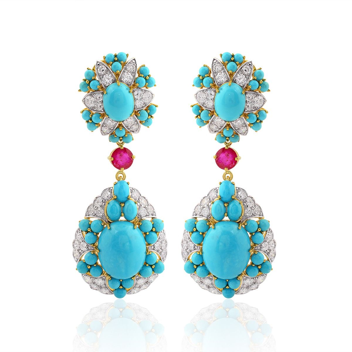 18k Yellow Gold 29.62 TCW SI Clarity HI Color Diamond , Ruby & Turquoise Gemstone Dangle Earrings , Jewelry For Women