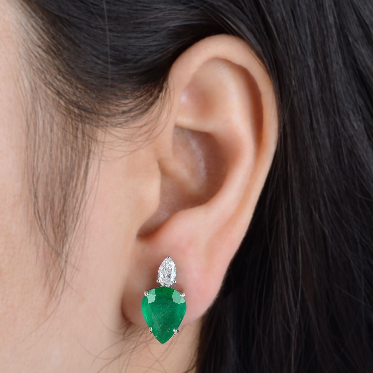 18k White Gold 8.59 TCW SI Clarity HI Color Diamond Zambian Emerald Gemstone Stud Earrings Jewelry For Women