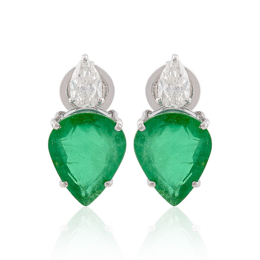 18k White Gold 8.59 TCW SI Clarity HI Color Diamond Zambian Emerald Gemstone Stud Earrings Jewelry For Women