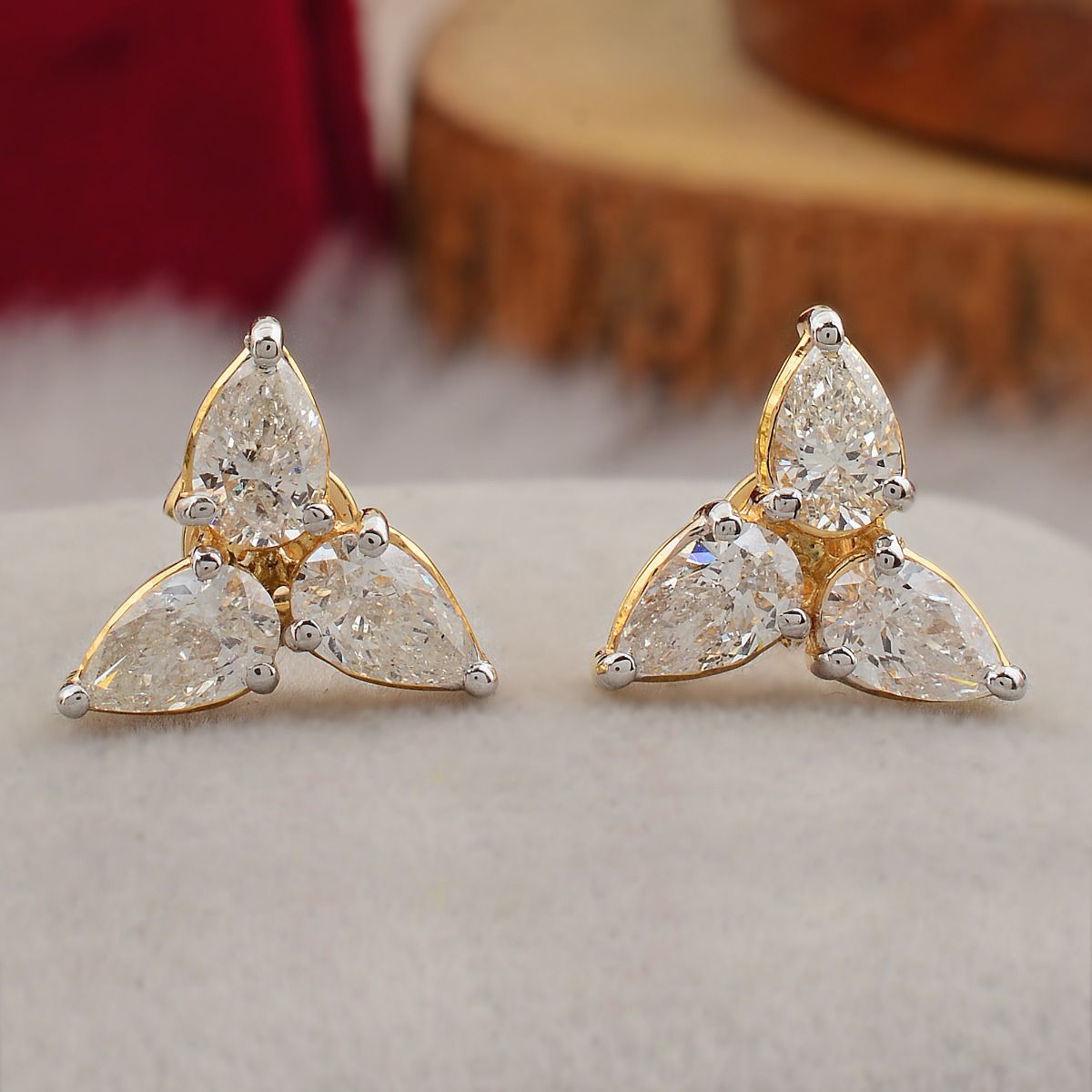 18k Yellow Gold 1.71 TCW SI Clarity HI Color Diamond Three Leaf Stud Earrings Jewelry For Women , Pair Of Stud Earrings