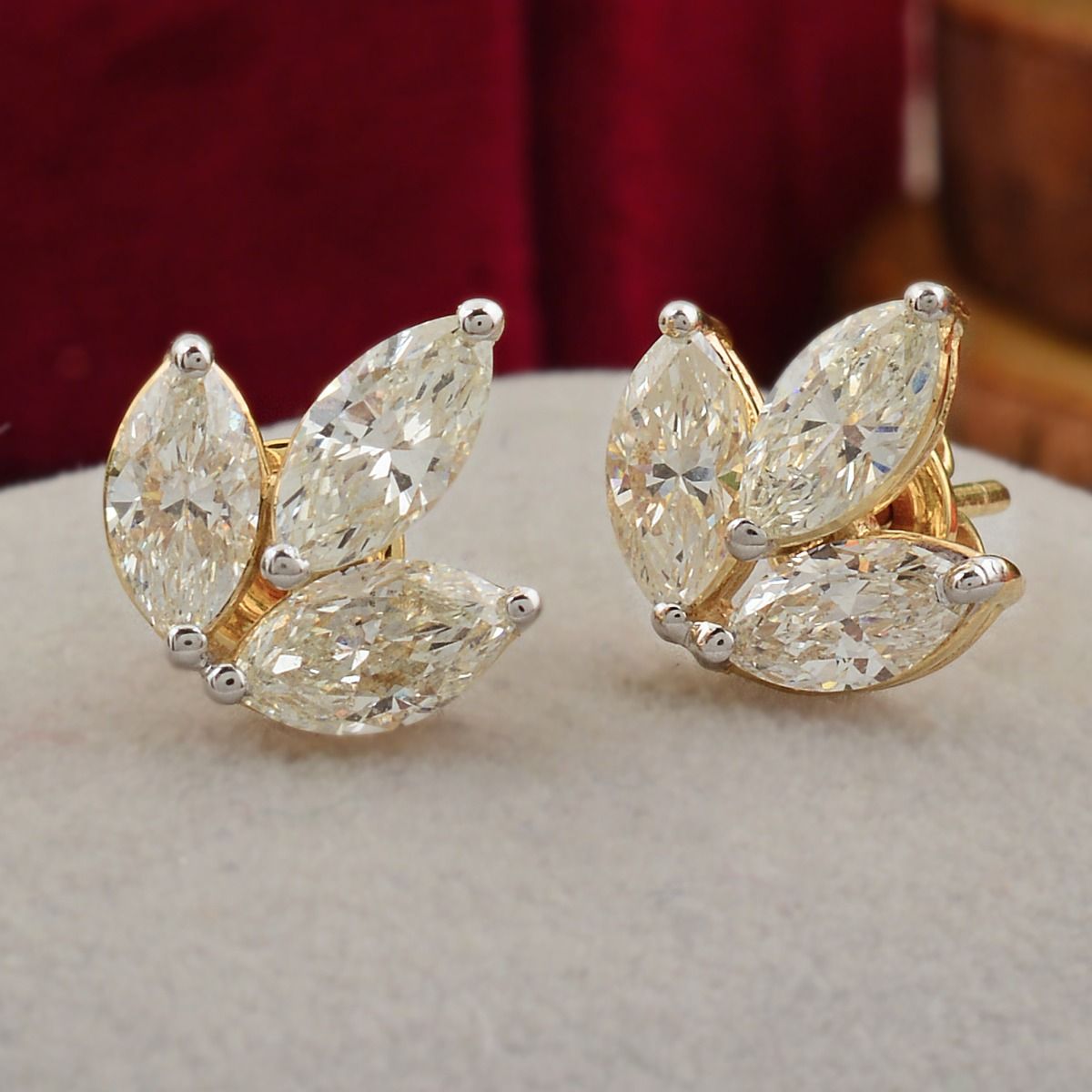 18k Yellow Gold 1.92 TCW SI Clarity HI Color Diamond Three Leaf Diamond Earrings Jewelry For Women