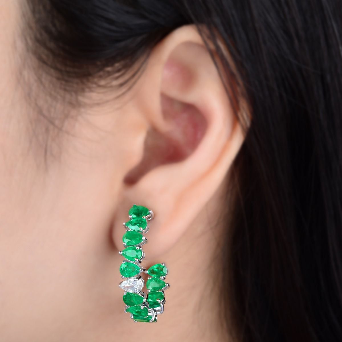 18k White Gold Semi Hoop Earrings In 10.04 TCW SI Clarity HI Color Diamond Zambian Emerald Gemstone Earrings , Pair Of Semi Hoop Earrings , Jewelry For Women