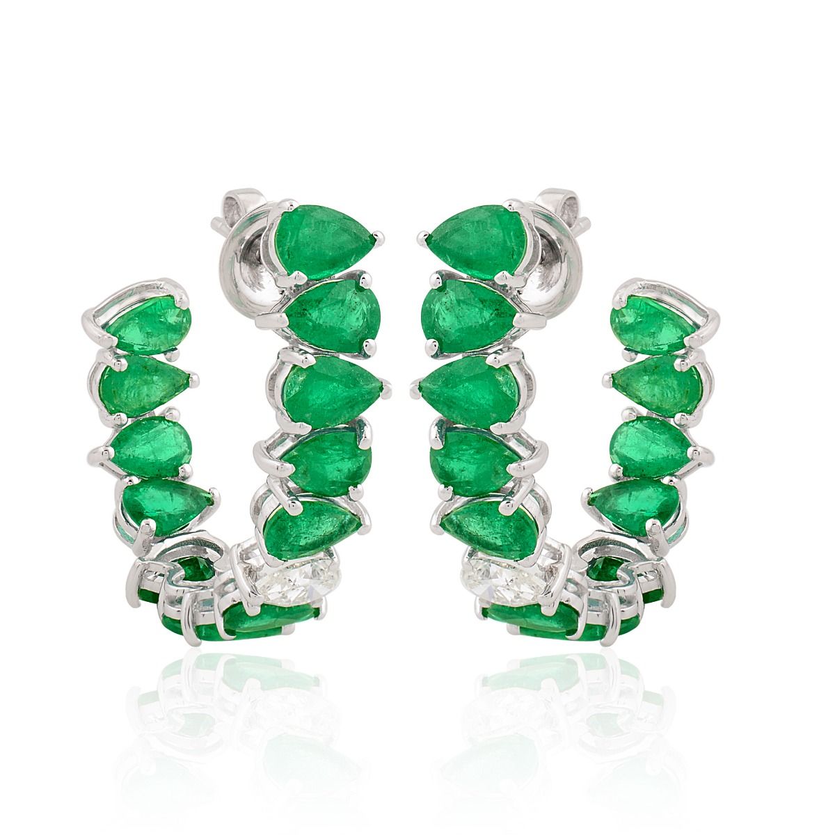 18k White Gold Semi Hoop Earrings In 10.04 TCW SI Clarity HI Color Diamond Zambian Emerald Gemstone Earrings , Pair Of Semi Hoop Earrings , Jewelry For Women