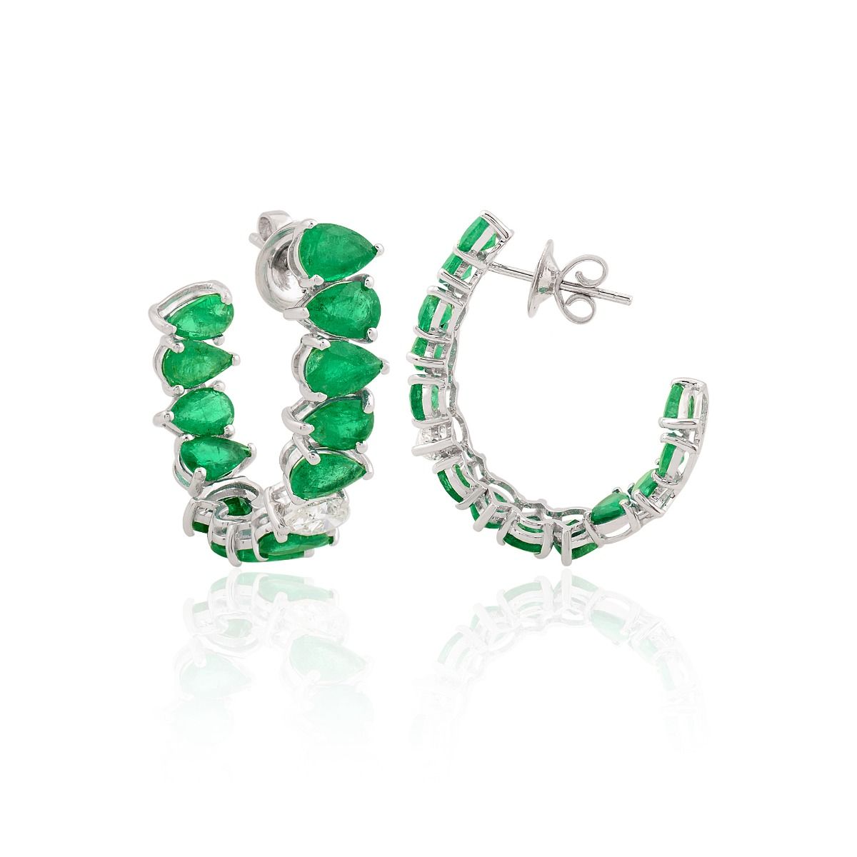 18k White Gold Semi Hoop Earrings In 10.04 TCW SI Clarity HI Color Diamond Zambian Emerald Gemstone Earrings , Pair Of Semi Hoop Earrings , Jewelry For Women