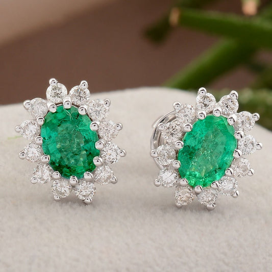 18k White Gold 2.09 TCW SI Clarity HI Color Diamond Stud Earring Zambian Emerald Gemstone Stud Earrings Handmade Jewelry