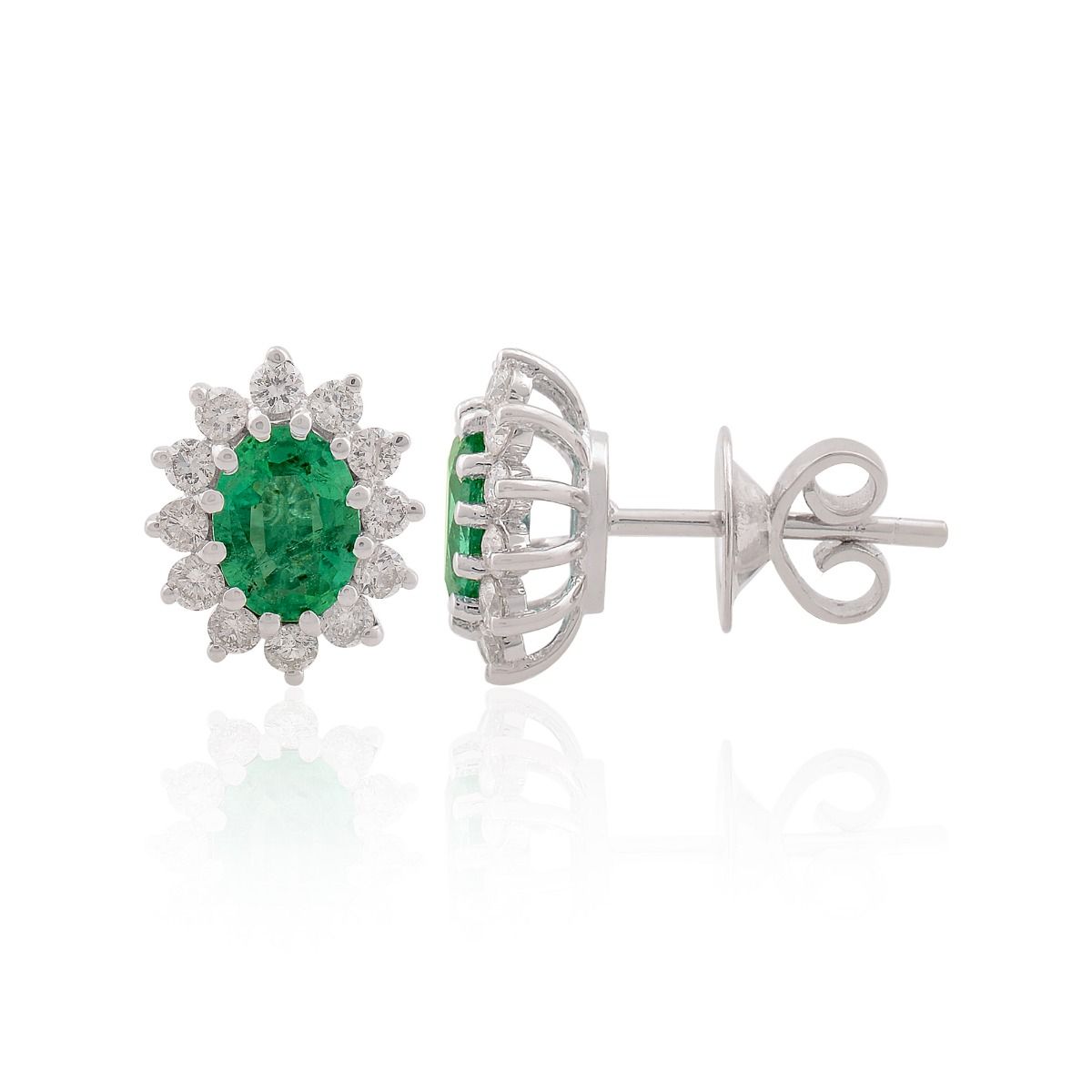 18k White Gold 2.09 TCW SI Clarity HI Color Diamond Stud Earring Zambian Emerald Gemstone Stud Earrings Handmade Jewelry