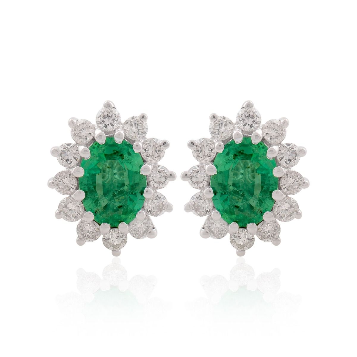 18k White Gold 2.09 TCW SI Clarity HI Color Diamond Stud Earring Zambian Emerald Gemstone Stud Earrings Handmade Jewelry