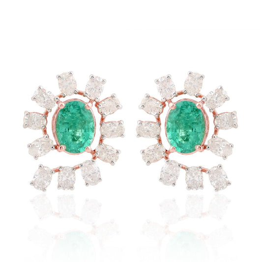 5.45 TCW Si Clarity HI Color Diamond Zambian Emerald Gemstone 18k Rose Gold Stud Earrings Jewelry For Women , Gift For Her