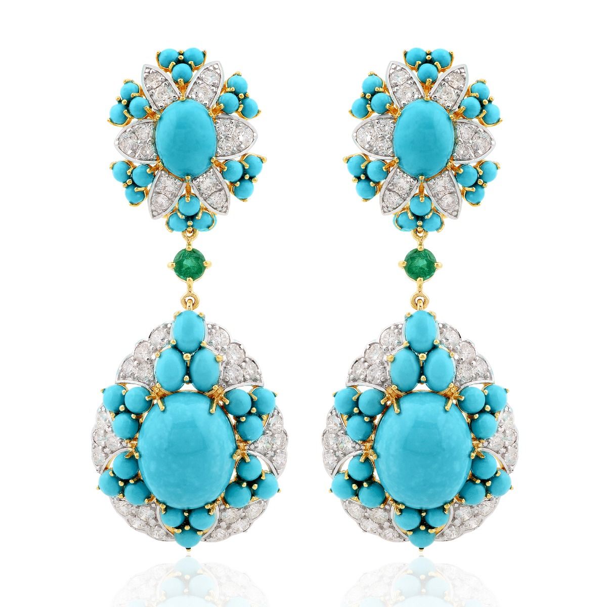 18k Yellow Gold 27.70 TCW SI Clarity HI Color Diamond Zambian Emerald Gemstone & Turquoise Gemstone Party Wear Dangle Earrings Jewelry For Women