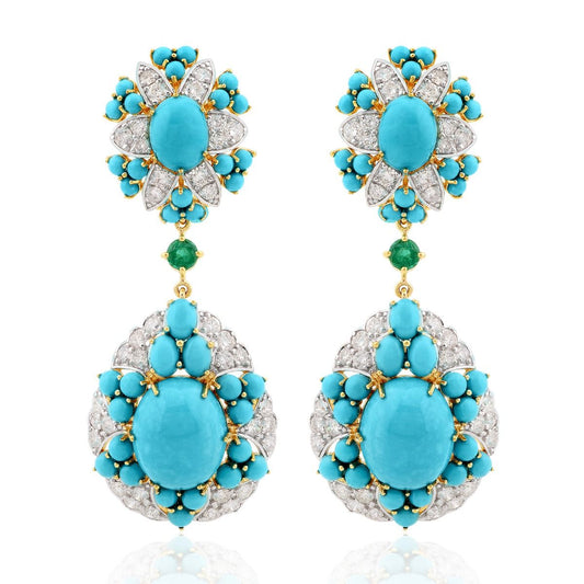 18k Yellow Gold 27.70 TCW SI Clarity HI Color Diamond Zambian Emerald Gemstone & Turquoise Gemstone Party Wear Dangle Earrings Jewelry For Women