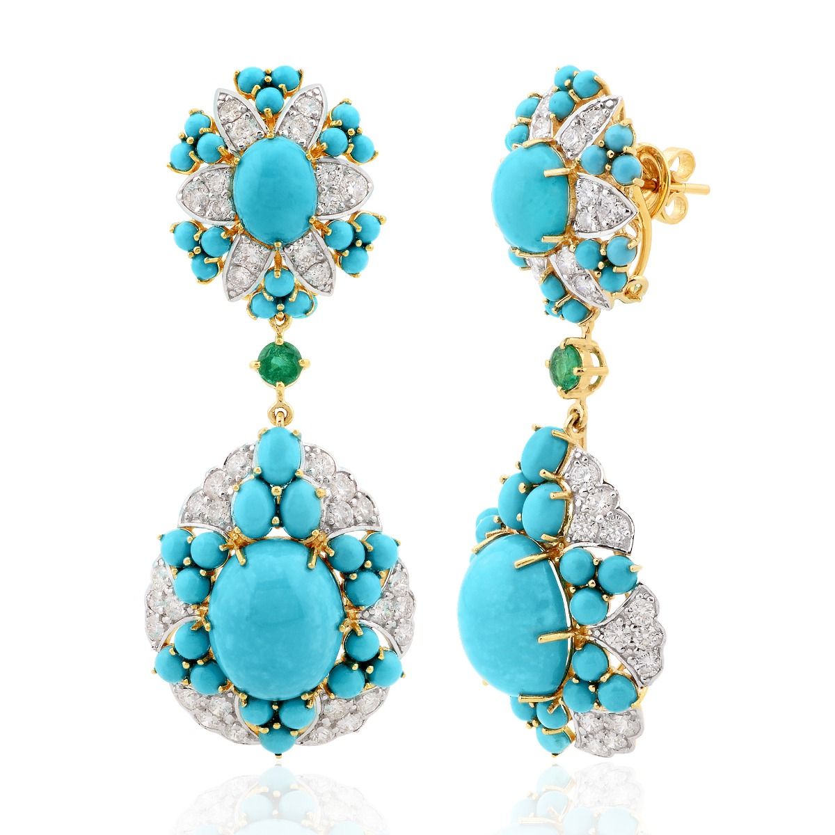 18k Yellow Gold 27.70 TCW SI Clarity HI Color Diamond Zambian Emerald Gemstone & Turquoise Gemstone Party Wear Dangle Earrings Jewelry For Women