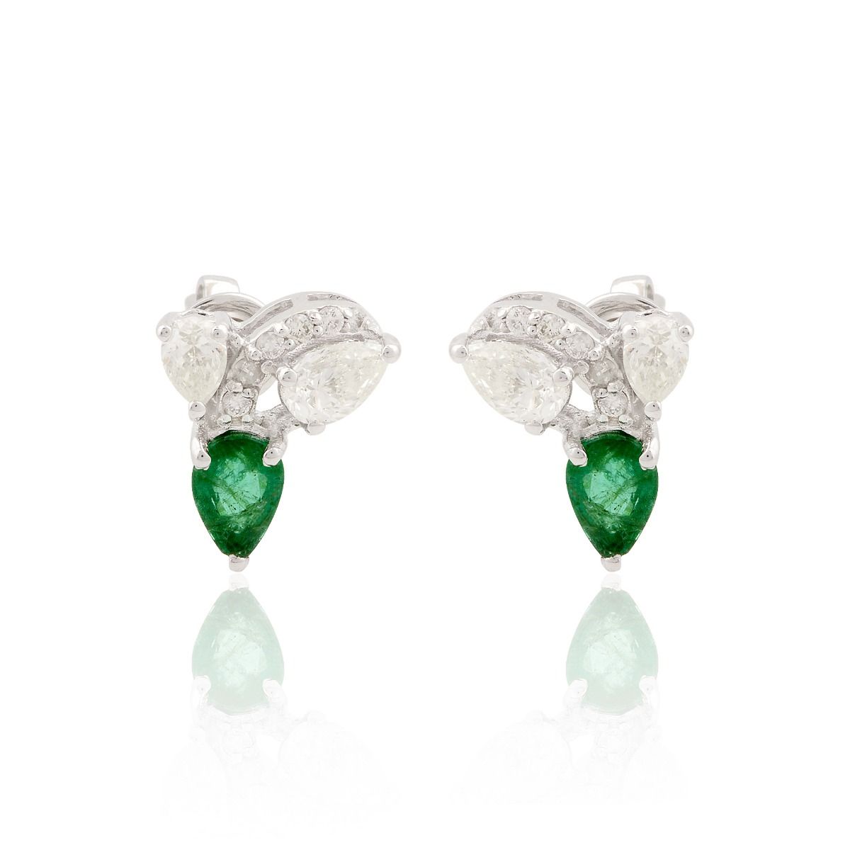 18k White Gold 1.62 TCW SI Clarity HI Color Zambian Emerald Gemstone Diamond Stud Earrings For Women & Girls