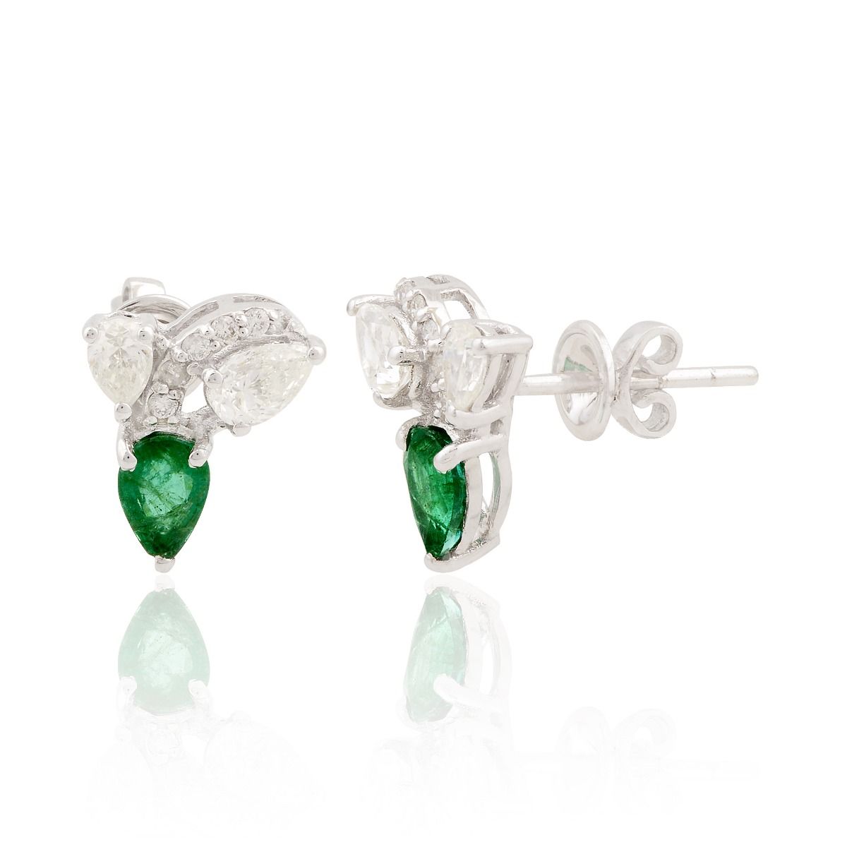 18k White Gold 1.62 TCW SI Clarity HI Color Zambian Emerald Gemstone Diamond Stud Earrings For Women & Girls