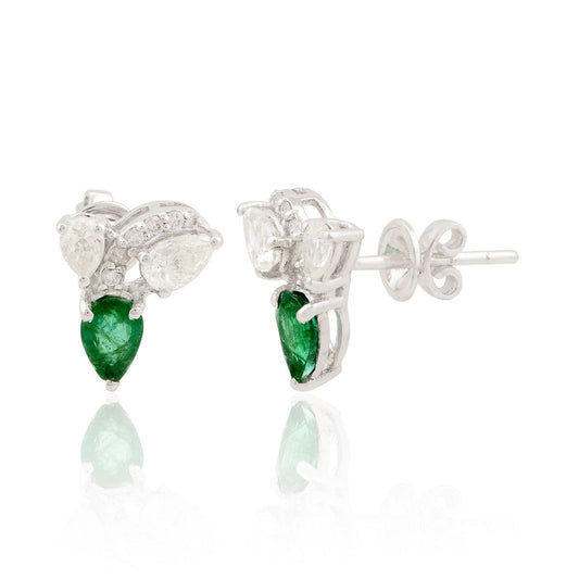 18k White Gold 1.62 TCW SI Clarity HI Color Zambian Emerald Gemstone Diamond Stud Earrings For Women & Girls