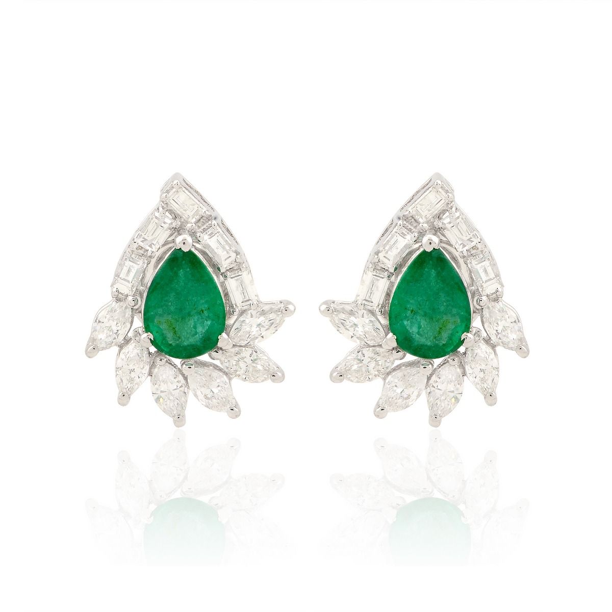 18k White Gold 2.03 TCW SI Clarity Hi Color Baguette Diamond Zambian Pear Emerald Gemstone Party Wear Small Stud Earrings For Women