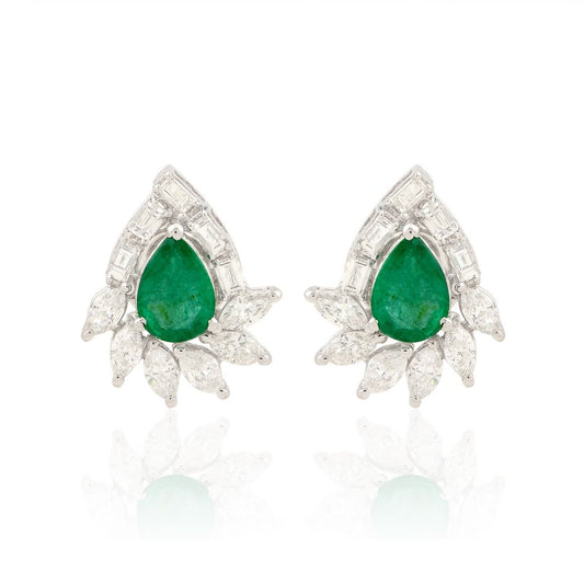 18k White Gold 2.03 TCW SI Clarity Hi Color Baguette Diamond Zambian Pear Emerald Gemstone Party Wear Small Stud Earrings For Women