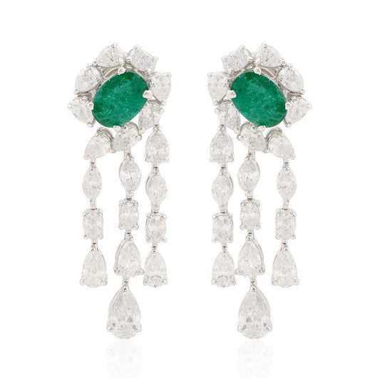 18k White Gold 5.10 TCW SI Clarity HI Color Diamond Zambian Emerald Gemstone Chandelier Earrings For Women