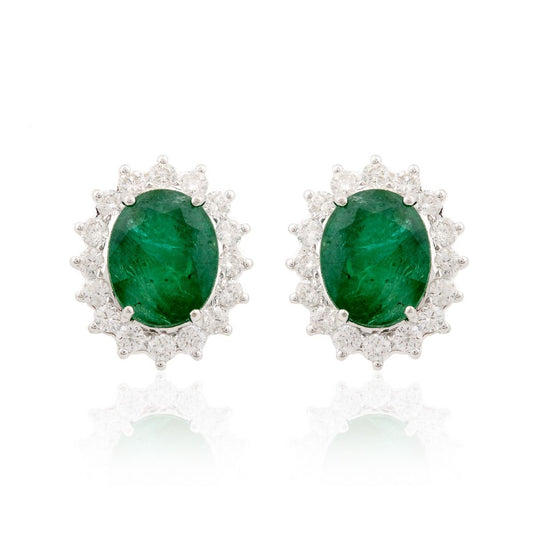 18k White Gold 7.17 TCW SI Clarity HI Color Diamond Zambian Emerald Gemstone Stud Earrings Handmade Jewelry For Women