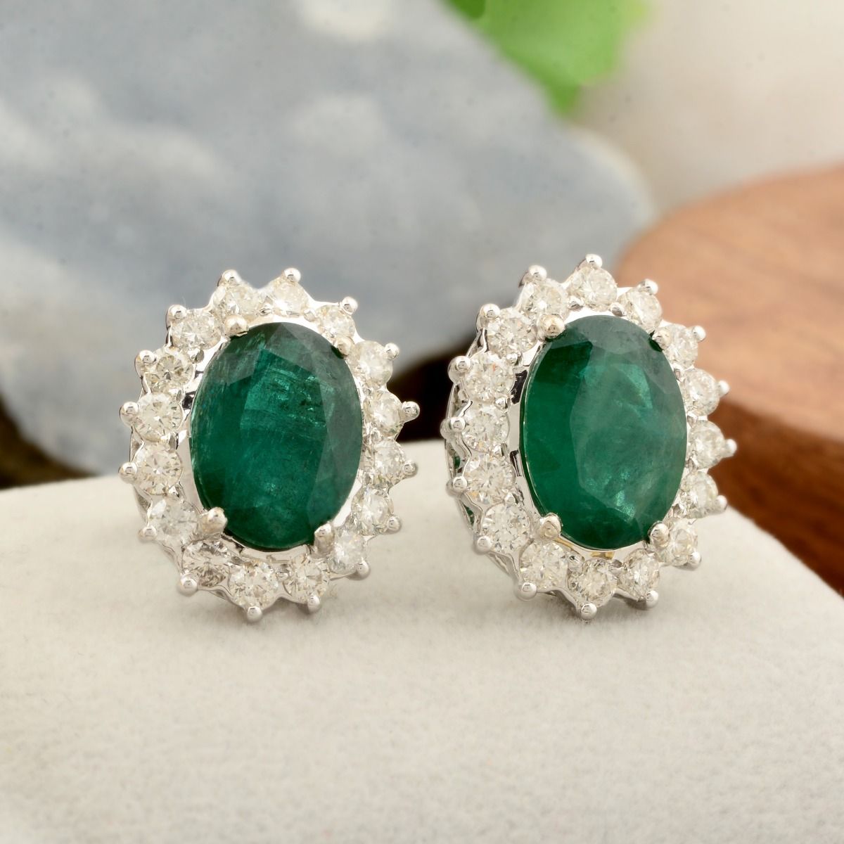 18k White Gold 7.17 TCW SI Clarity HI Color Diamond Zambian Emerald Gemstone Stud Earrings Handmade Jewelry For Women