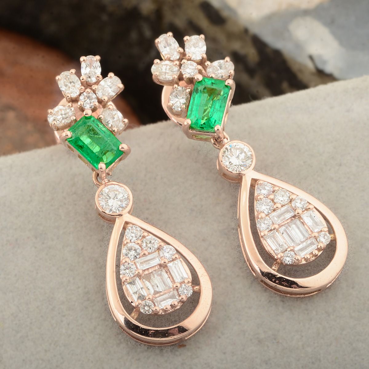 18k Rose Gold 2.56 TCW SI Clarity HI color Diamond Zambian Emerald Gemstone Dangle Earrings Jewelry For Women , Anniversary Gift for Women