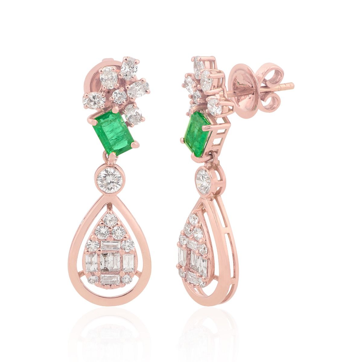 18k Rose Gold 2.56 TCW SI Clarity HI color Diamond Zambian Emerald Gemstone Dangle Earrings Jewelry For Women , Anniversary Gift for Women