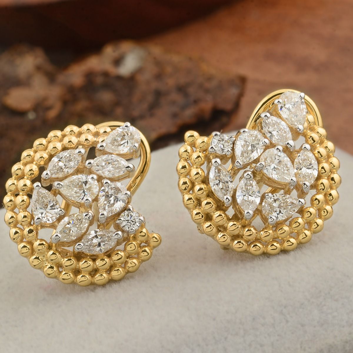 18k Yellow Gold 1.60 TCW SI Clarity HI Color Diamond Beaded Stud Earrings Jewelry For Women