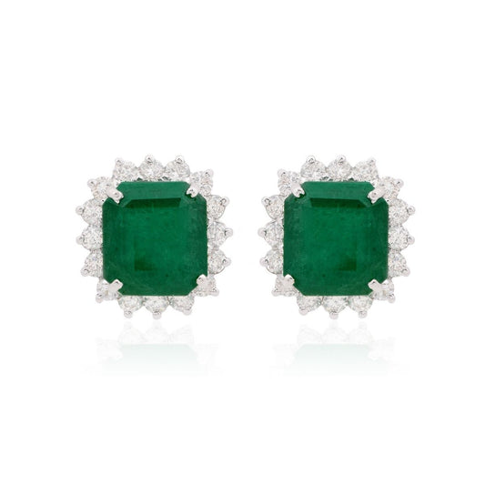 18k White Gold 10.78 TCW SI Clarity HI Color Diamond Zambian Emerald Gemstone Stud Earring Jewelry For Women