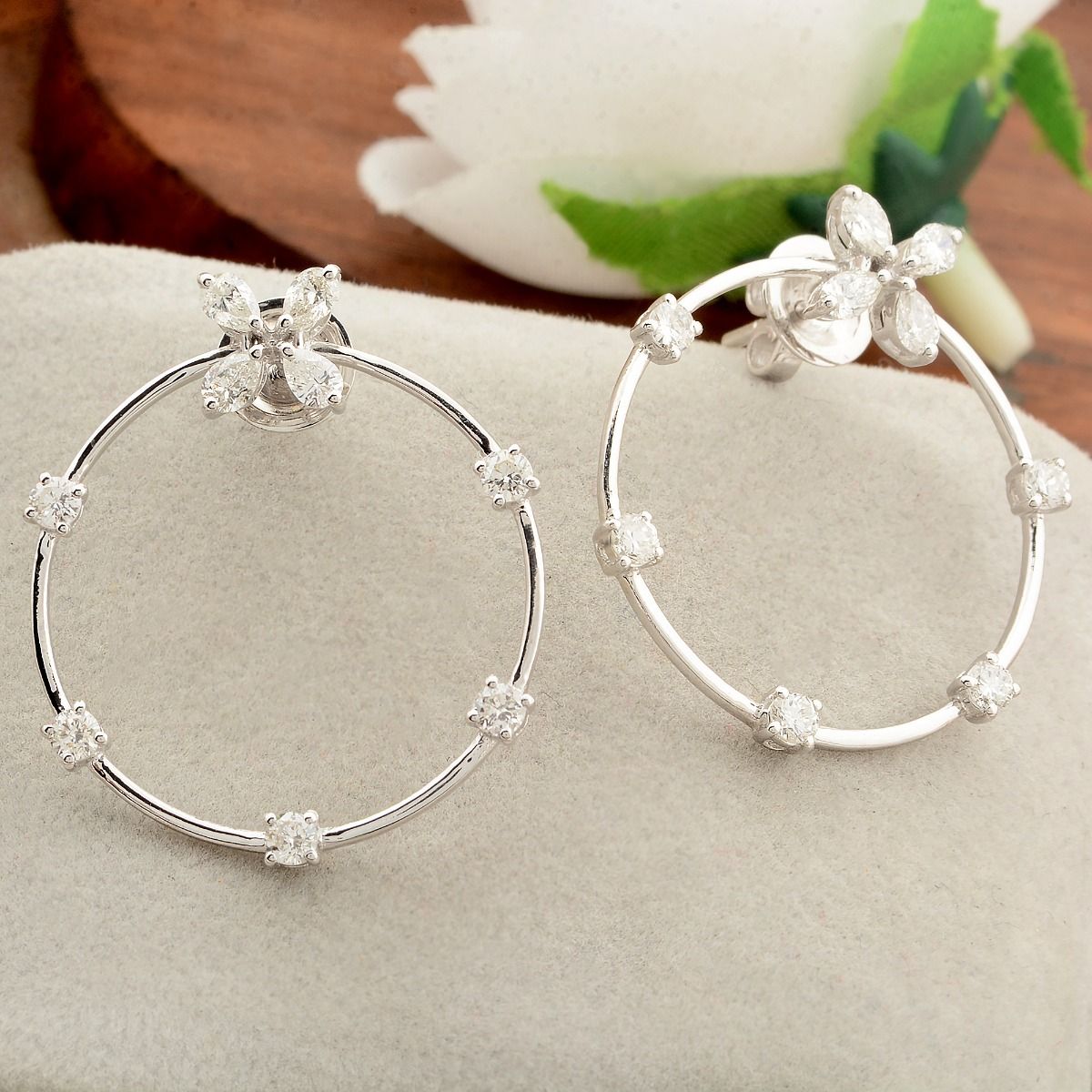 White 18k Gold Natural Diamond SI/HI 1.55 TCW Round Design Hoop Earrings | Birthday Gift for Her