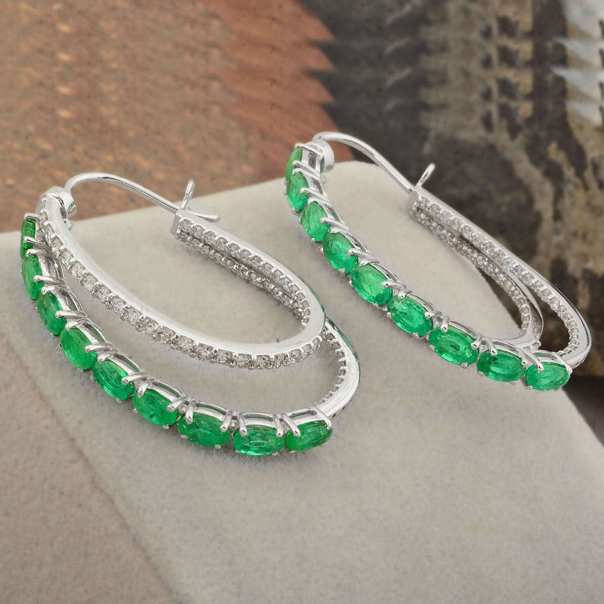 18k White Gold 5.76 TCW SI Clarity HI Color Zambian Emerald Gemstone Hoop Earrings Jewelry For Women , Anniversary Gift For Women