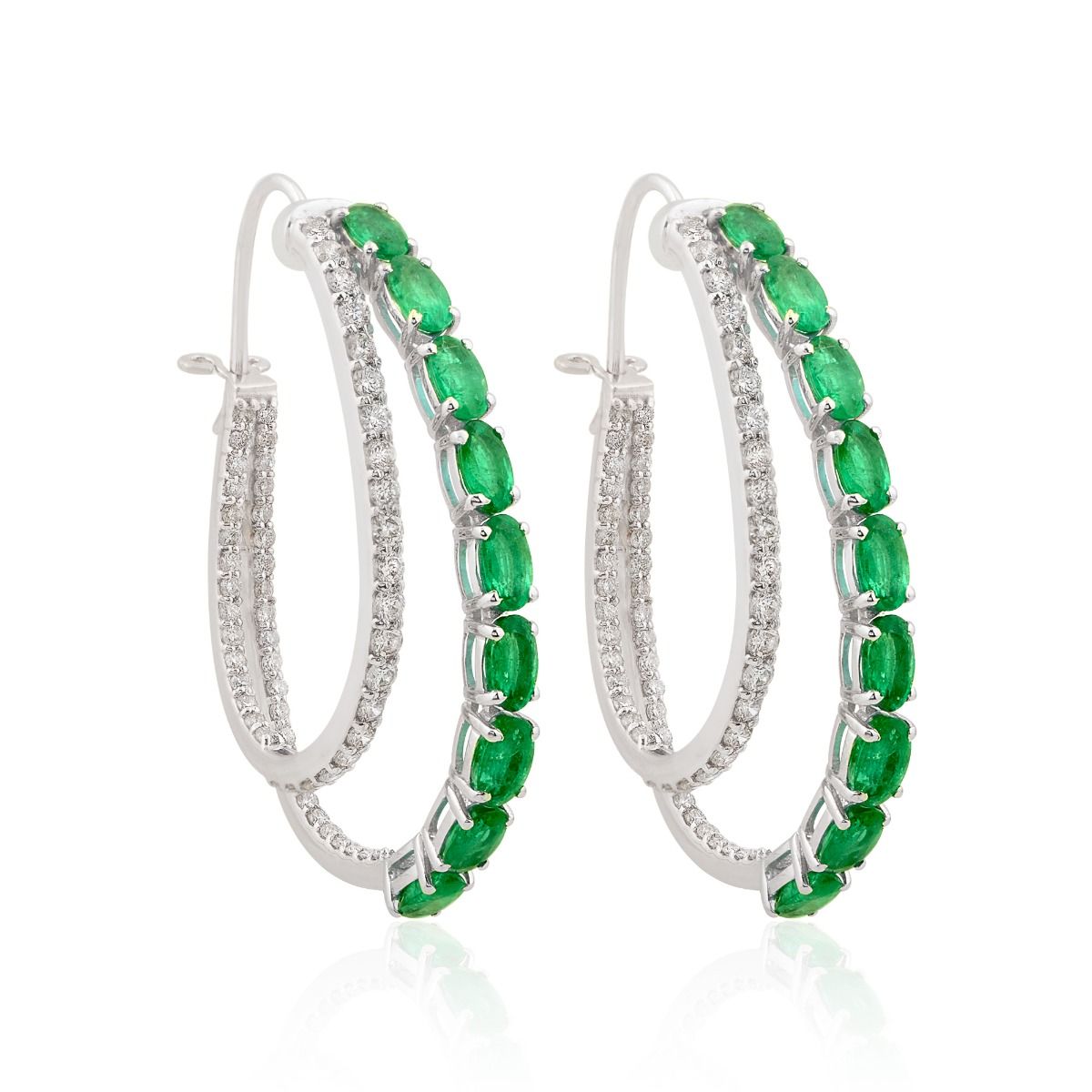 18k White Gold 5.76 TCW SI Clarity HI Color Zambian Emerald Gemstone Hoop Earrings Jewelry For Women , Anniversary Gift For Women