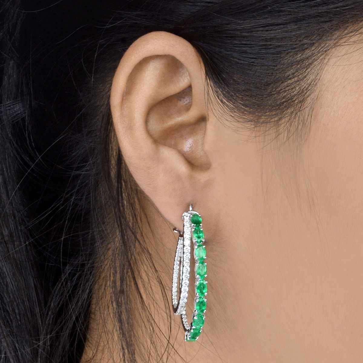 18k White Gold 5.76 TCW SI Clarity HI Color Zambian Emerald Gemstone Hoop Earrings Jewelry For Women , Anniversary Gift For Women