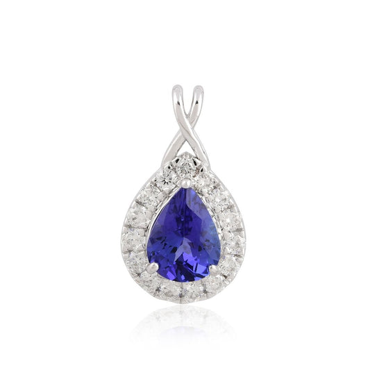 Pear Shape Tanzanite Gemstone 0.53 Carat HI/SI Diamond Pendant 18k White Gold Women Jewelry